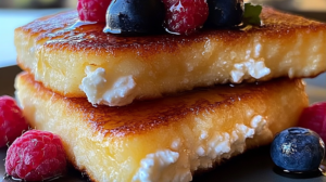 Stack of fluffy cottage cheese pancakes topped with fresh berries and a drizzle of maple syrup