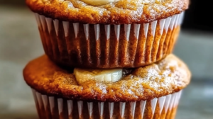 Freshly baked protein banana blender muffins on a cooling rack with sliced bananas and protein powder in the background