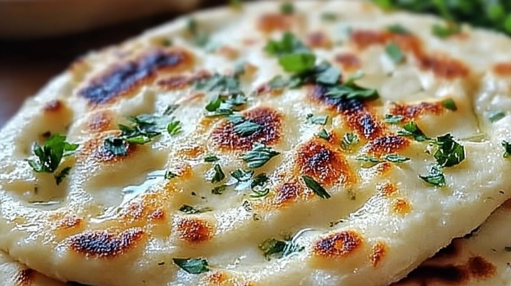 Stack of golden-brown cottage cheese flatbreads on a wooden cutting board with fresh herbs and a bowl of cottage cheese in the background
