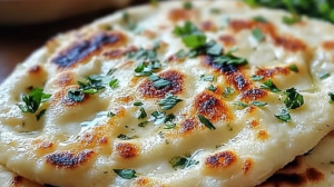 Stack of golden-brown cottage cheese flatbreads on a wooden cutting board with fresh herbs and a bowl of cottage cheese in the background