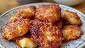 Golden-brown Air Fryer Cottage Cheese Apple Fritters on a white plate, showing chunks of apple and a light glaze drizzle, with a small bowl of maple syrup on the side