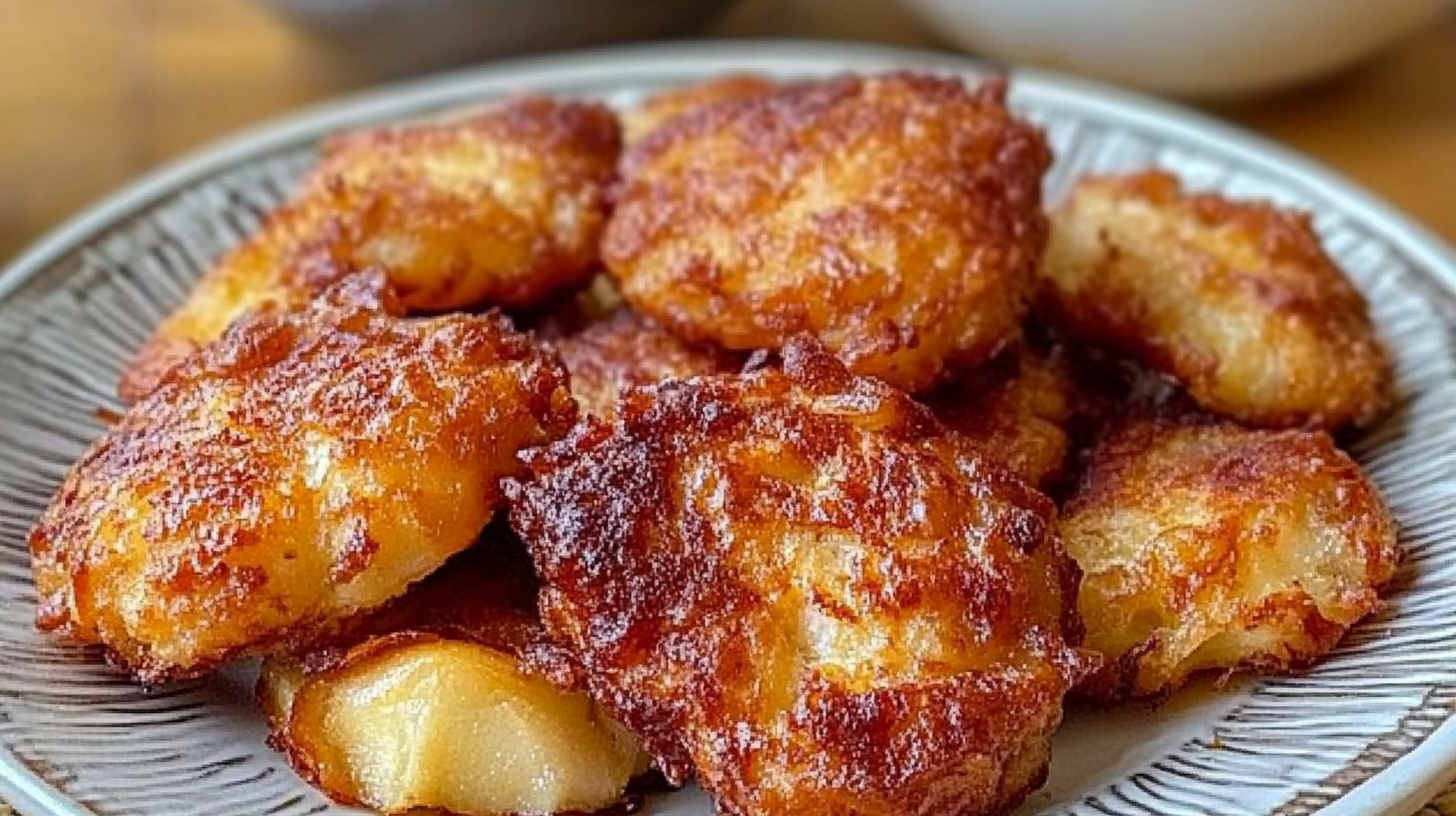 Golden-brown Air Fryer Cottage Cheese Apple Fritters on a white plate, showing chunks of apple and a light glaze drizzle, with a small bowl of maple syrup on the side