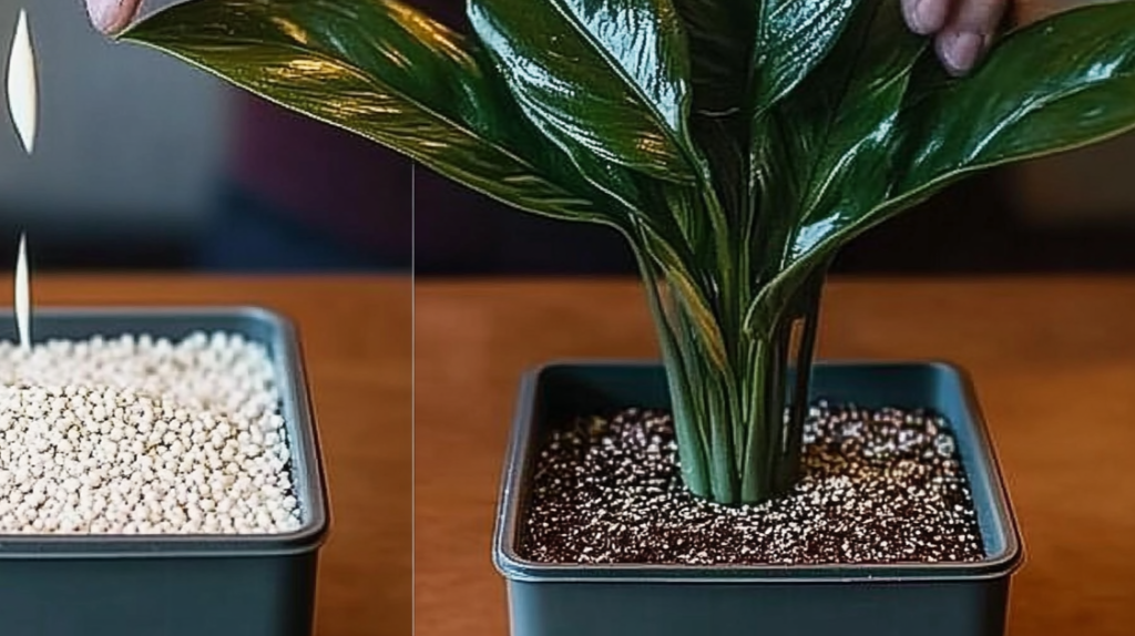 Abono natural casero para plantas de interior con cáscaras de plátano, café usado y cáscara de huevo junto a una planta floreciendo abundantemente