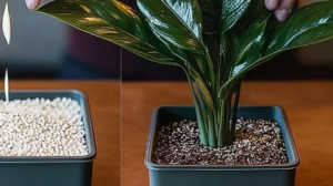 Abono natural casero para plantas de interior con cáscaras de plátano, café usado y cáscara de huevo junto a una planta floreciendo abundantemente