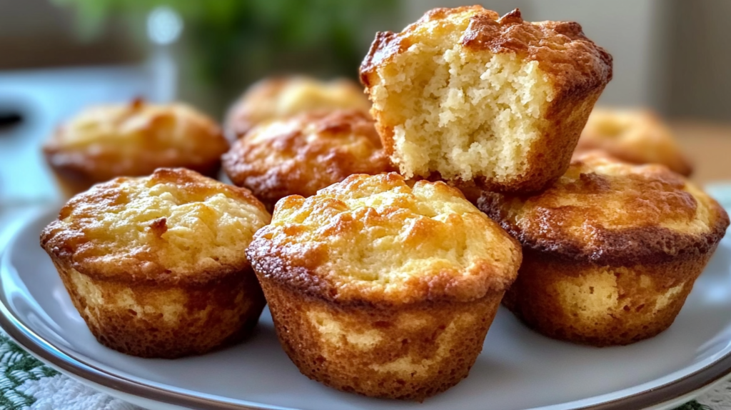 Fresh-baked cottage cheese protein muffins in a muffin tin with blueberries and ingredients