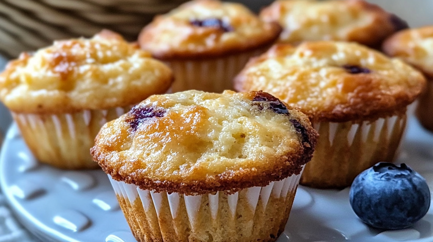 Golden-brown cottage cheese protein muffins in a muffin tin, with fresh blueberries and a jar of cottage cheese nearby