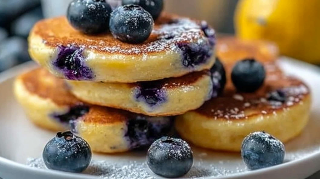 Collage showing four steps of making Greek yogurt lemon blueberry pancake bites: mixing batter, folding in blueberries, filling muffin tin, and finished golden bites with glaze