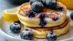 Golden mini Greek yogurt pancake bites studded with fresh blueberries and lemon zest, arranged on a white plate with a small bowl of maple syrup and scattered fresh blueberries