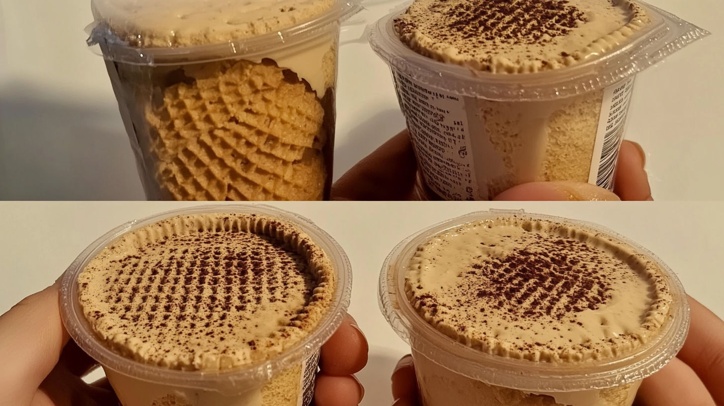 Elegantes carlotas de café servidas en copas de vidrio con galletas canelitas trituradas, decoradas con crema batida y granos de café sobre mesa de madera