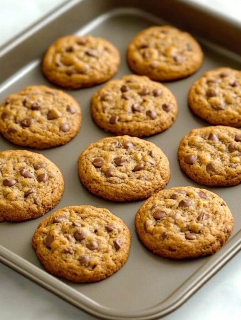Galletas de avena con chispas de chocolate recién horneadas sobre una bandeja.