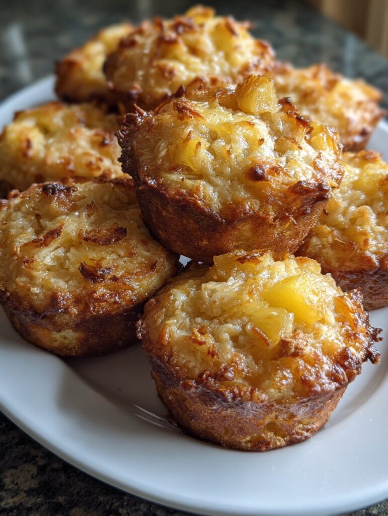 Muffins saludables de piña y coco recién horneados en un plato blanco, con trozos visibles de piña y superficie dorada.