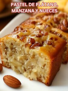 Trozo de bizcocho casero de plátano, manzana y nueces, con textura esponjosa y corteza dorada.
