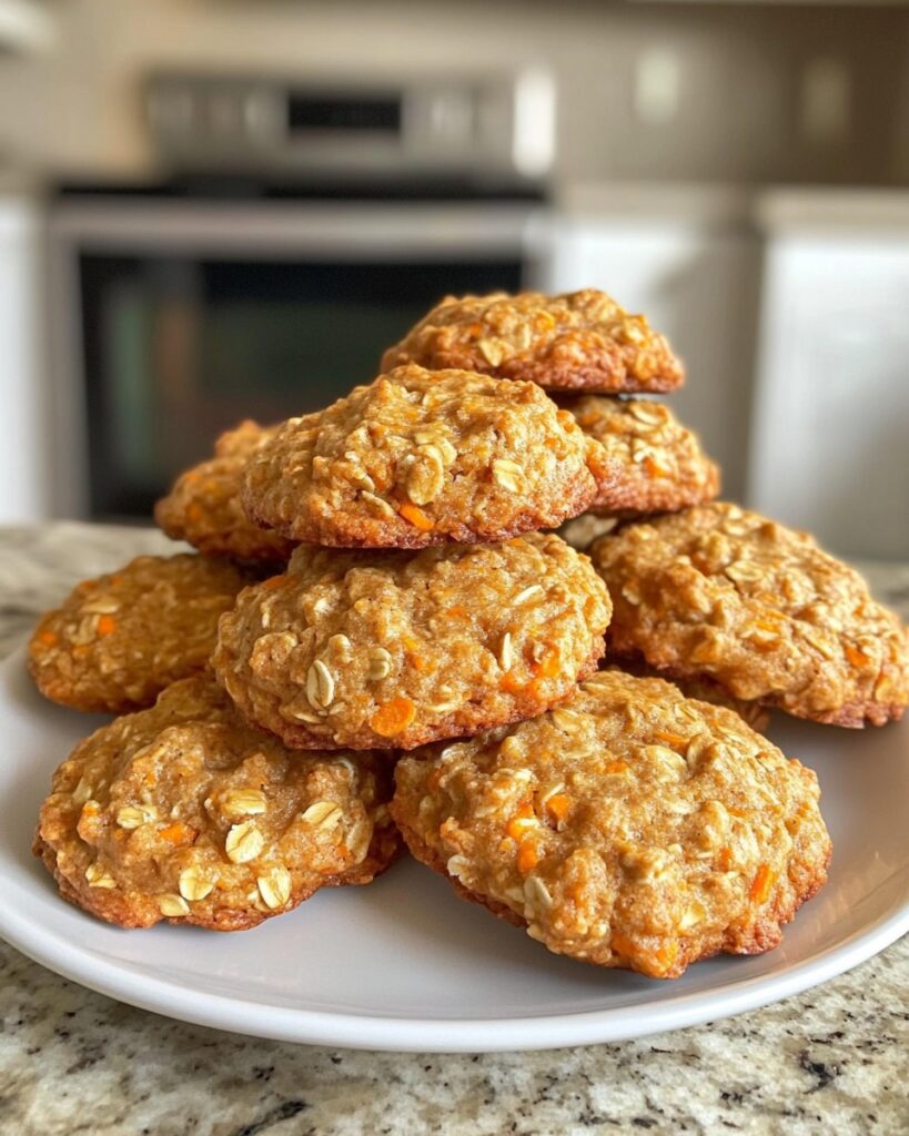 Galletas caseras de avena, plátano y zanahoria recién horneadas en un plato blanco sobre encimera de cocina.