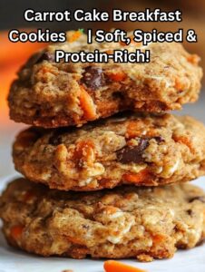 Stack of soft and chewy carrot cake cottage cheese breakfast cookies with visible oats, shredded carrots, and chocolate chunks.