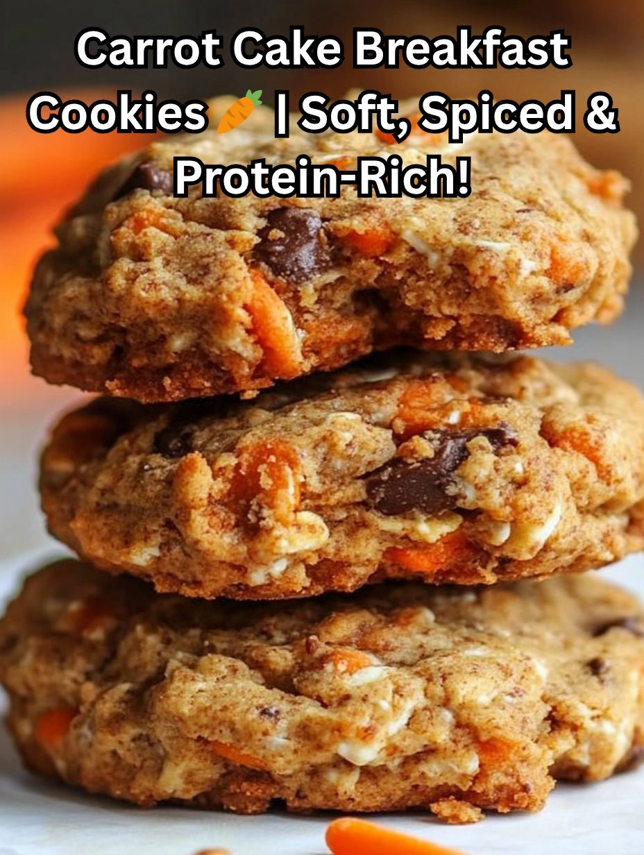 Stack of soft and chewy carrot cake cottage cheese breakfast cookies with visible oats, shredded carrots, and chocolate chunks.