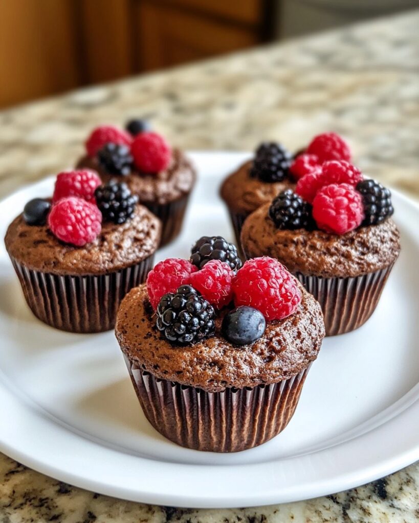 Muffins de cacao con queso cottage decorados con frambuesas, zarzamoras y arándanos sobre un plato blanco.