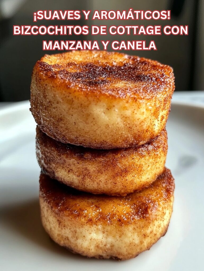 Tres bizcochitos de queso cottage con manzana y canela apilados sobre un plato blanco, dorados y esponjosos.