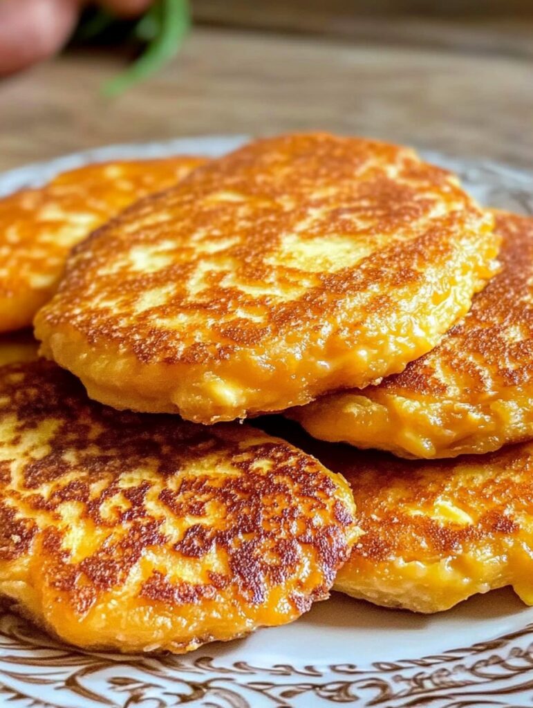 Tortitas caseras de zanahoria y queso doradas en sartén sobre plato decorado