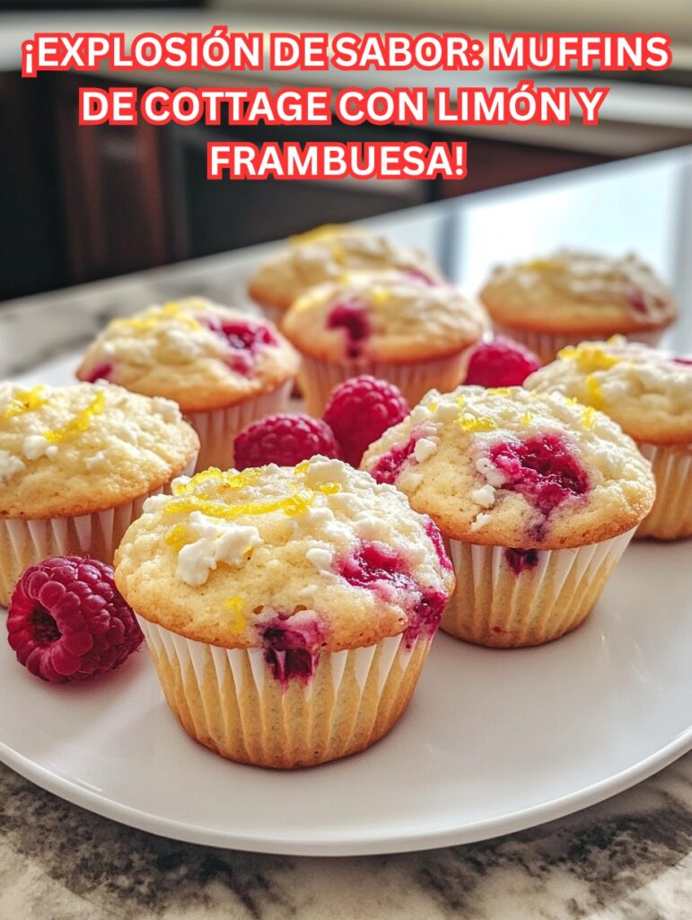 Muffins caseros de cottage con limón y frambuesa decorados con ralladura de limón sobre un plato blanco.