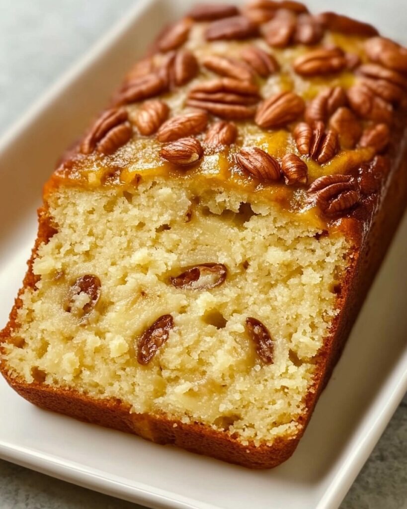 Rebanada de bizcocho casero con pasas y nueces, servido en un plato blanco.