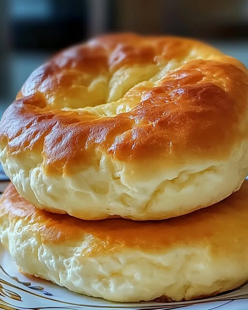 Golden brown and fluffy cottage cheese cloud bread stacked on a plate.