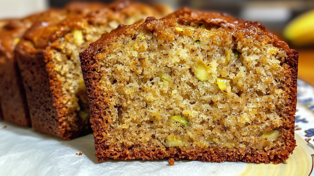 Sliced cottage cheese zucchini banana bread on wooden cutting board showing moist texture with visible banana and zucchini pieces
