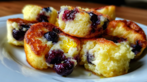 Stack of golden-brown lemon blueberry cottage cheese pancake bites on a white plate with fresh blueberries and lemon zest garnish