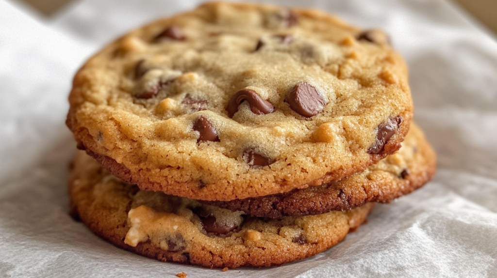 Stack of soft cottage cheese peanut butter chocolate chip cookies on white plate with scattered chocolate chips and peanut butter jar in background