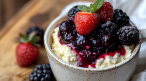 Close-up of a fluffy vanilla bean cottage cheese mug cake in a white ceramic mug topped with colorful mixed berry compote, served on a rustic wooden table with scattered fresh berries