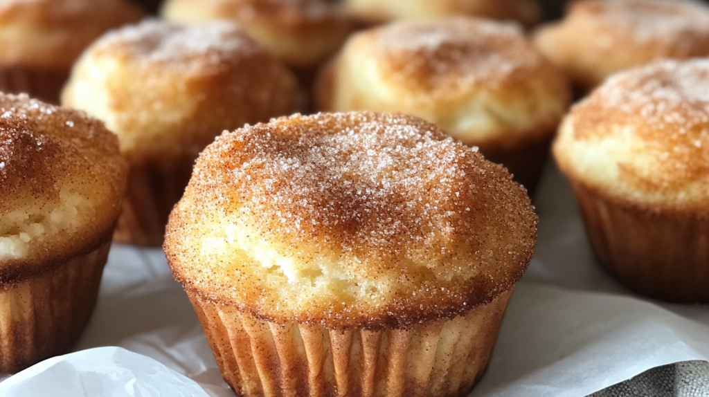 Fluffy cottage cheese muffins with golden cinnamon sugar coating on white plate, high protein churro-style breakfast treats