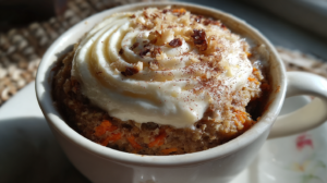 Fluffy carrot cake mug cake with cream cheese swirl in white ceramic mug, topped with cinnamon and chopped walnuts, ready to eat in 3 minutes