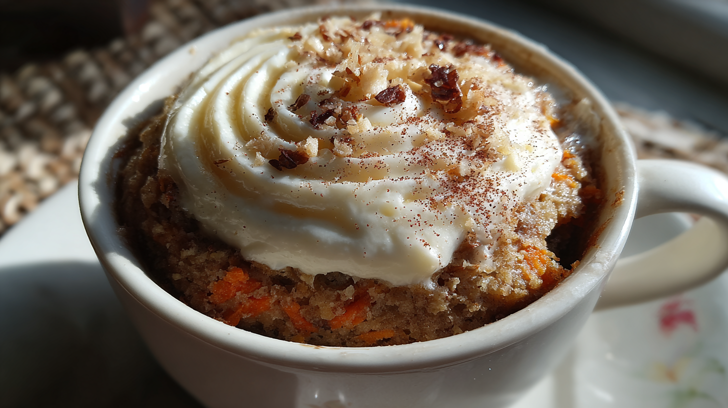 Fluffy carrot cake mug cake with cream cheese swirl in white ceramic mug, topped with cinnamon and chopped walnuts, ready to eat in 3 minutes