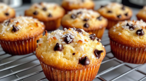 Golden brown coconut chocolate chip cottage cheese muffins topped with shredded coconut and chocolate chips on a white plate
