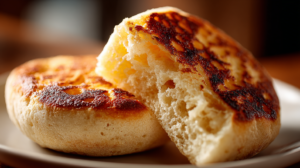 High-protein English muffin sliced in half on white plate, golden toasted texture, made with almond flour and Greek yogurt, ready in 2 minutes