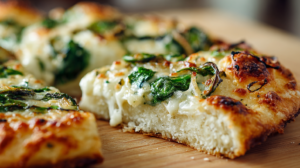 Healthy cottage cheese pizza crust topped with garlic spinach and melted mozzarella cheese on parchment paper
