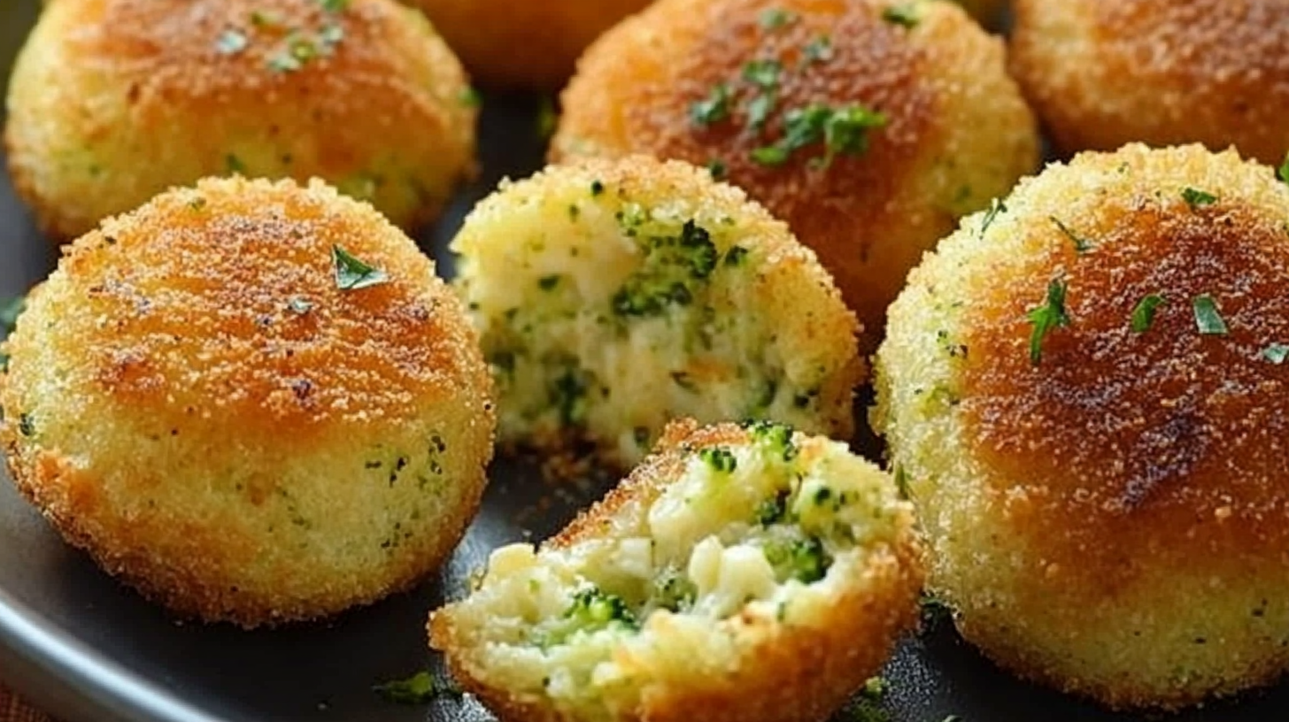 Croquetas doradas de brócoli y queso horneadas en bandeja con perejil fresco