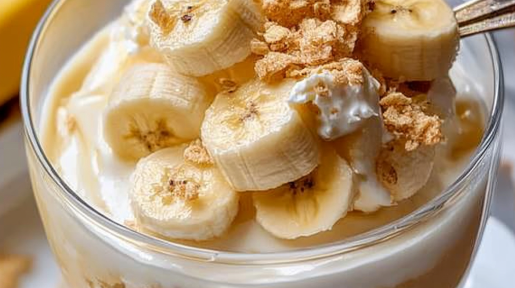 Creamy high-protein banana pudding made with cottage cheese in a glass bowl, topped with fresh banana slices and granola
