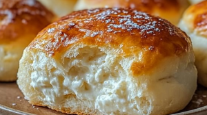 Golden brown cottage cheese rolls arranged on a white plate with one roll broken open to show the soft, fluffy interior texture