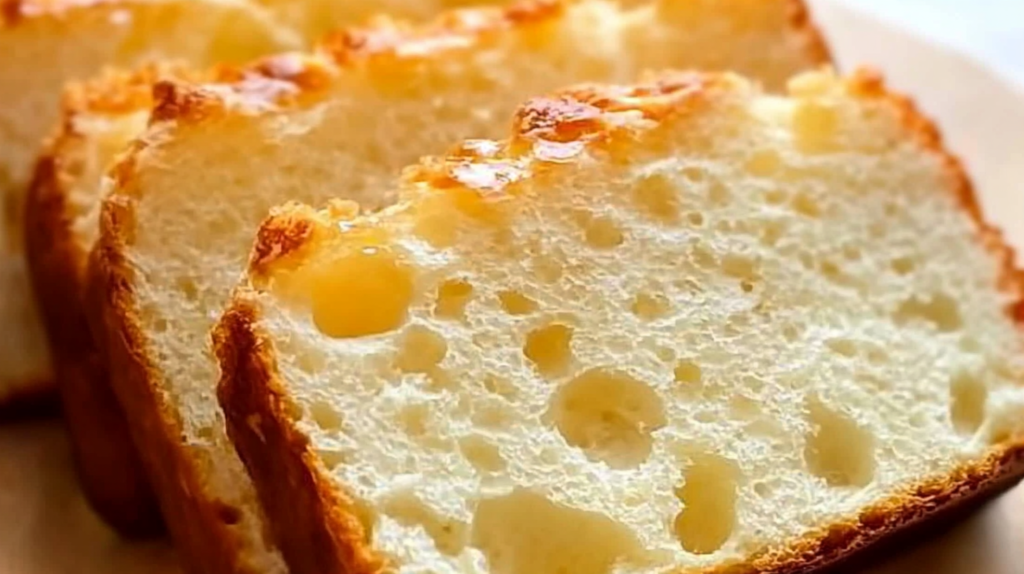 Golden brown fluffy cottage cheese bread loaf sliced on wooden cutting board showing airy texture, high protein low carb keto friendly gluten free bread