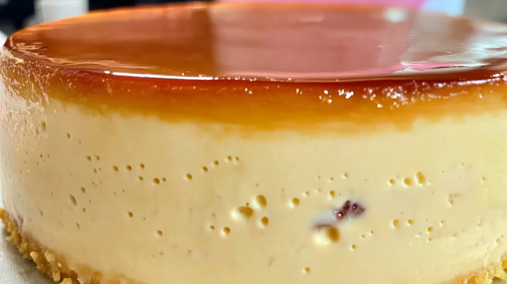 Gelaflan casero con capas perfectas de flan cremoso y gelatina de fresa, servido en plato blanco con caramelo dorado