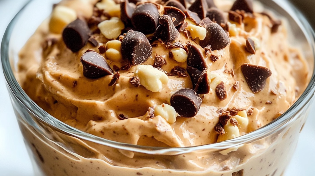 Creamy cottage cheese peanut butter mousse in a glass bowl with a spoon, garnished with chopped peanuts and drizzled honey