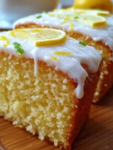 Close-up de un pastel esponjoso con glaseado blanco y rodajas de limón encima.