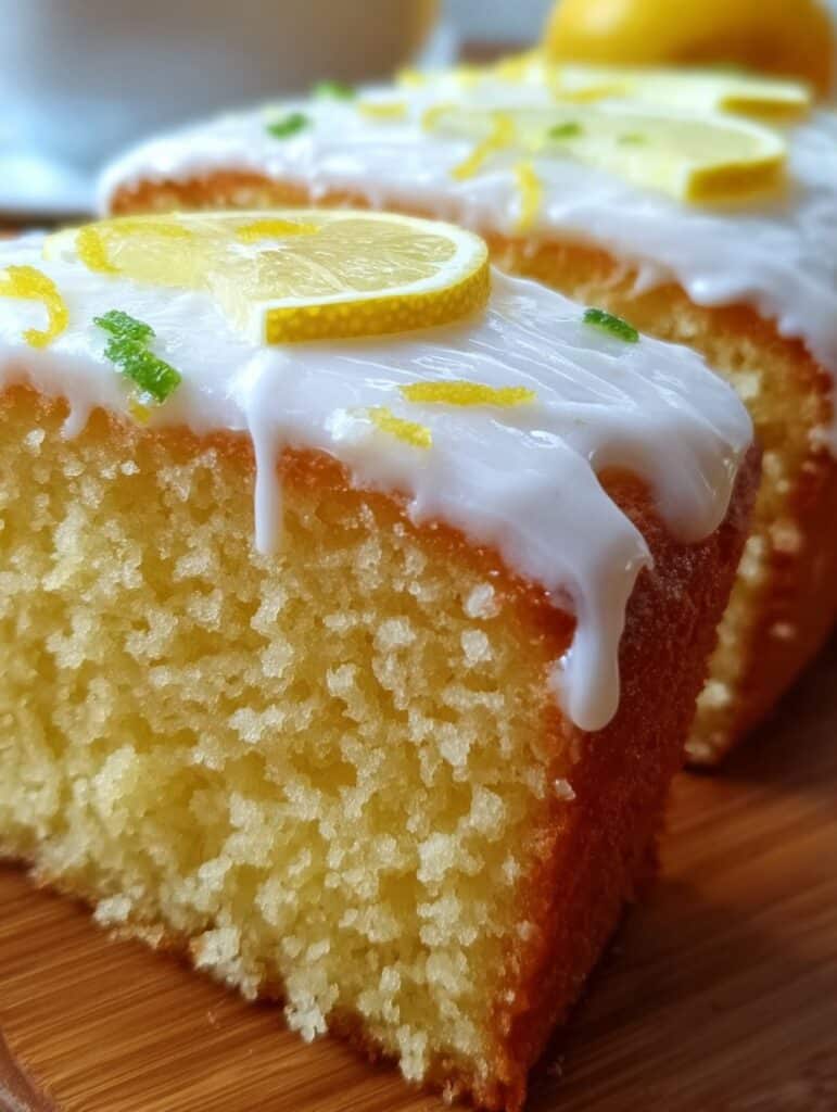Close-up de un pastel esponjoso con glaseado blanco y rodajas de limón encima.
