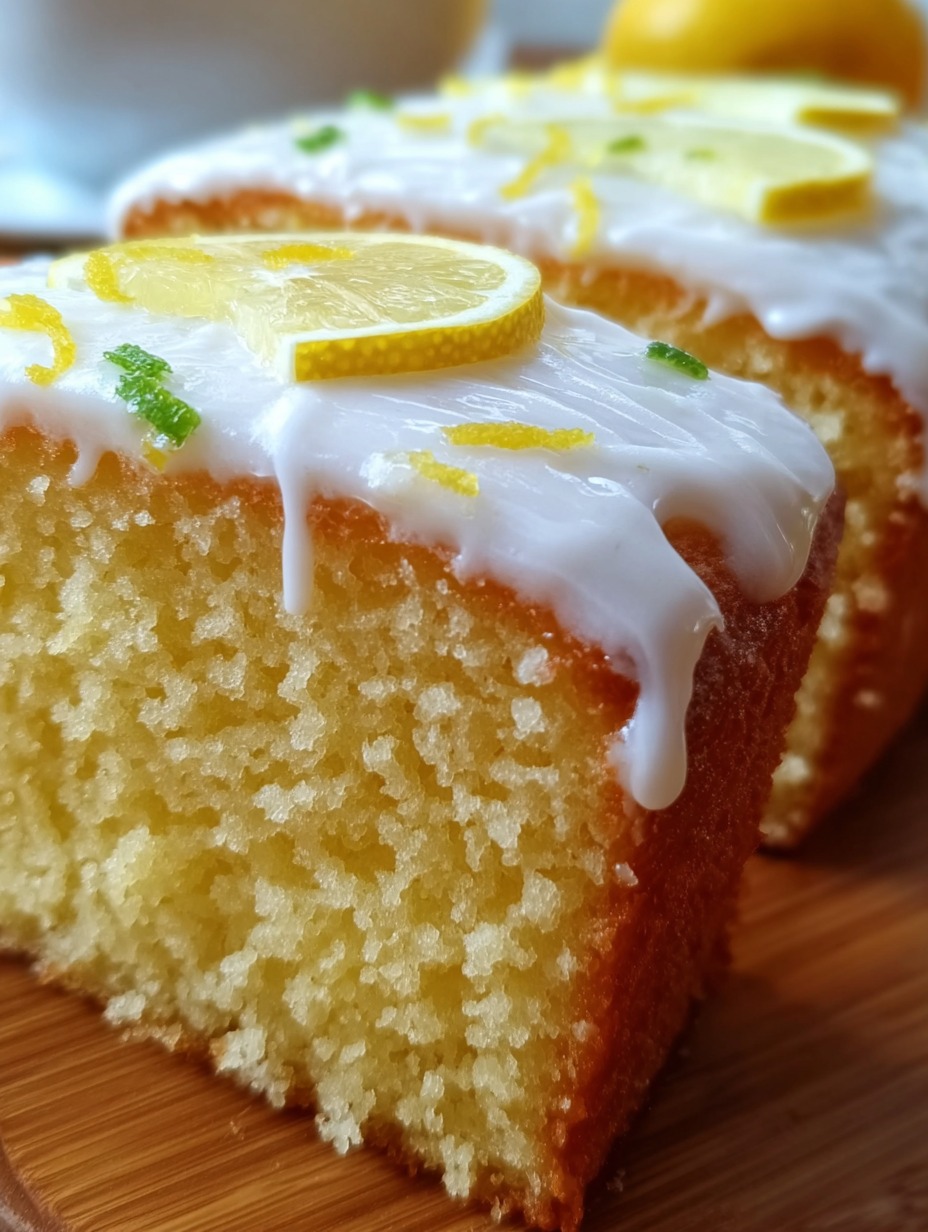 Close-up de un pastel esponjoso con glaseado blanco y rodajas de limón encima.