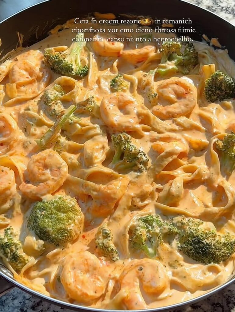 Fettuccini en salsa cremosa de chipotle con camarones y brócoli, servido en sartén.