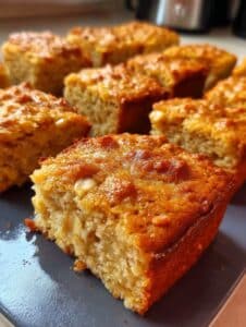 Bizcochitos de avena con manzana horneados, dorados y esponjosos, cortados en porciones sobre una bandeja.