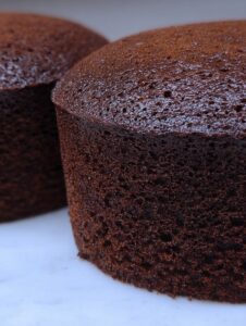 Bizcocho de chocolate esponjoso y húmedo recién horneado con textura suave y superficie brillante.