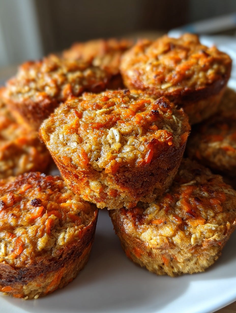 Bocaditos saludables de zanahoria y avena horneados, doraditos y esponjosos, servidos en un plato blanco.