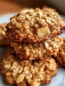 Galletas caseras de avena y manzana, doradas y crujientes por fuera, con trozos visibles de manzana y avena