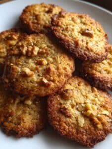 Galletitas doradas sin harina ni azúcar, con avena, plátano y nueces sobre un plato blanco